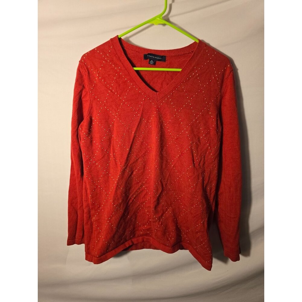 Tommy Hilfiger Red V-neck Sweater Bling Women’s XL Shirt Pull Over Knit Cozy